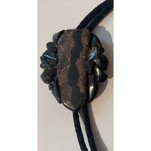 Vintage Metal Bolo Tie, Nice Black and Brown Stone Design2 1/2" x 2",